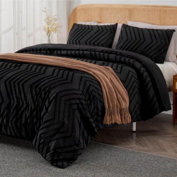 Black Chevron Tufted Zigzag Textured Full Size Bed Boho Comforter Set Bedding - Picture 3 of 16